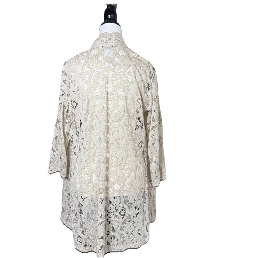 Susan Graver Lace SZ S Open Front Long Cardigan Duster 3/4 Sleeve Beige Romantic - Picture 3 of 6